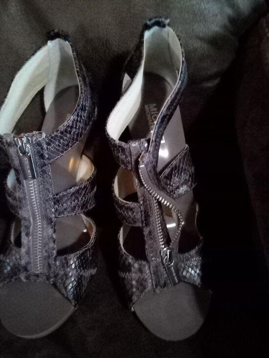 Michael Kors Shoes - Michael Kors Snake Print Leather Heels Open Toe Zip Up Sandals Black Grey 8M